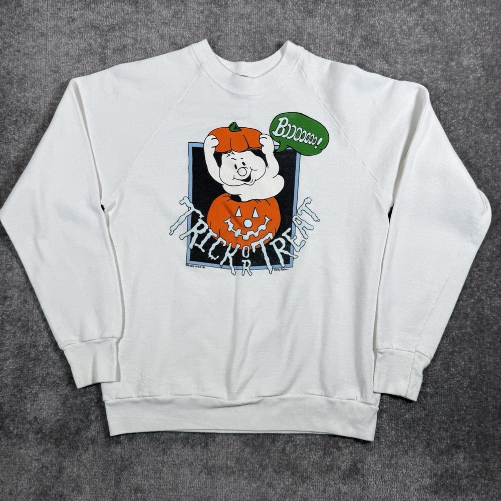 Vintage Screen Stars Sweatshirt Women's Large White Trick Treat Pumpkin Ghost